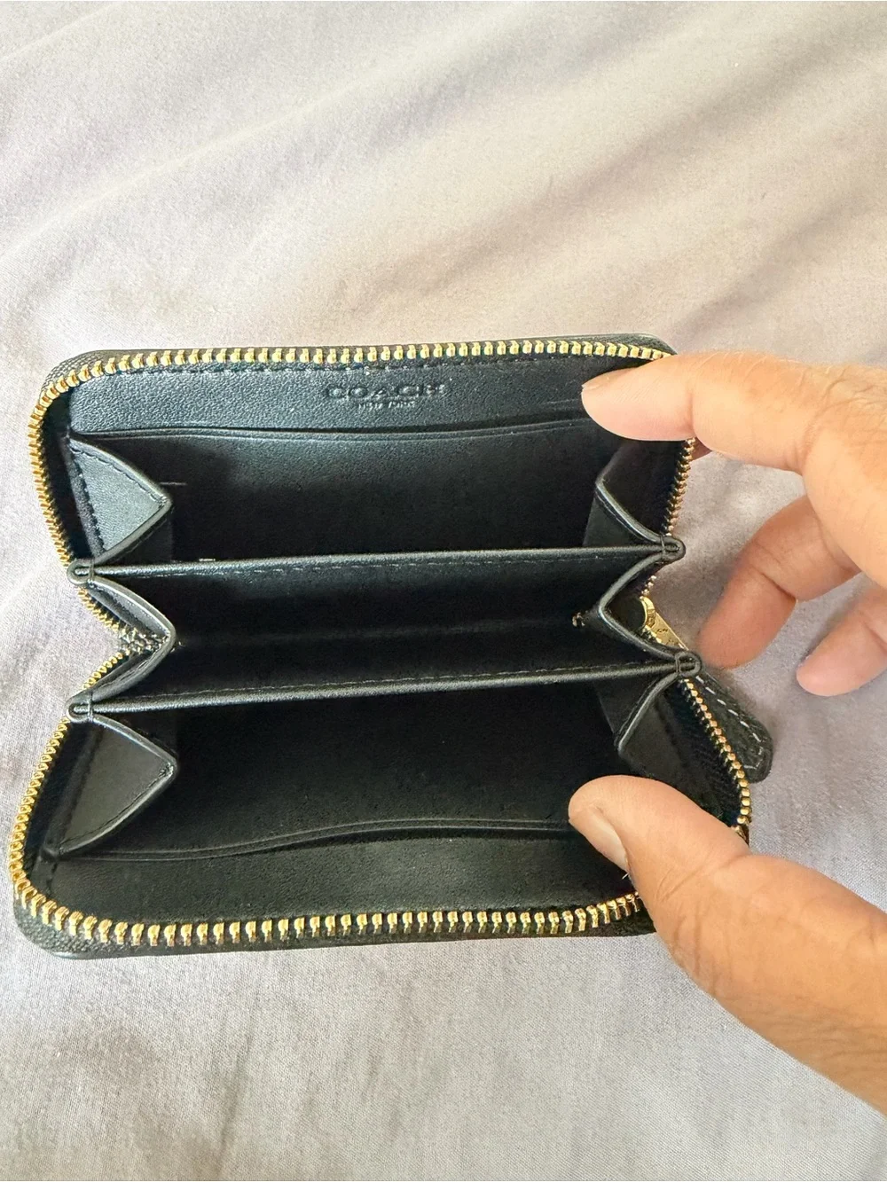 COACH- Black Leather Zip Card Wallet with Gold Accent